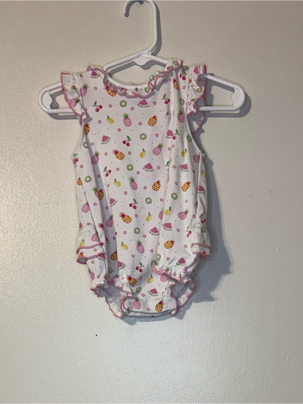 Kissy Kissy White Fruit Print Ruffle One-Piece Bodysuit with Pink Trim
